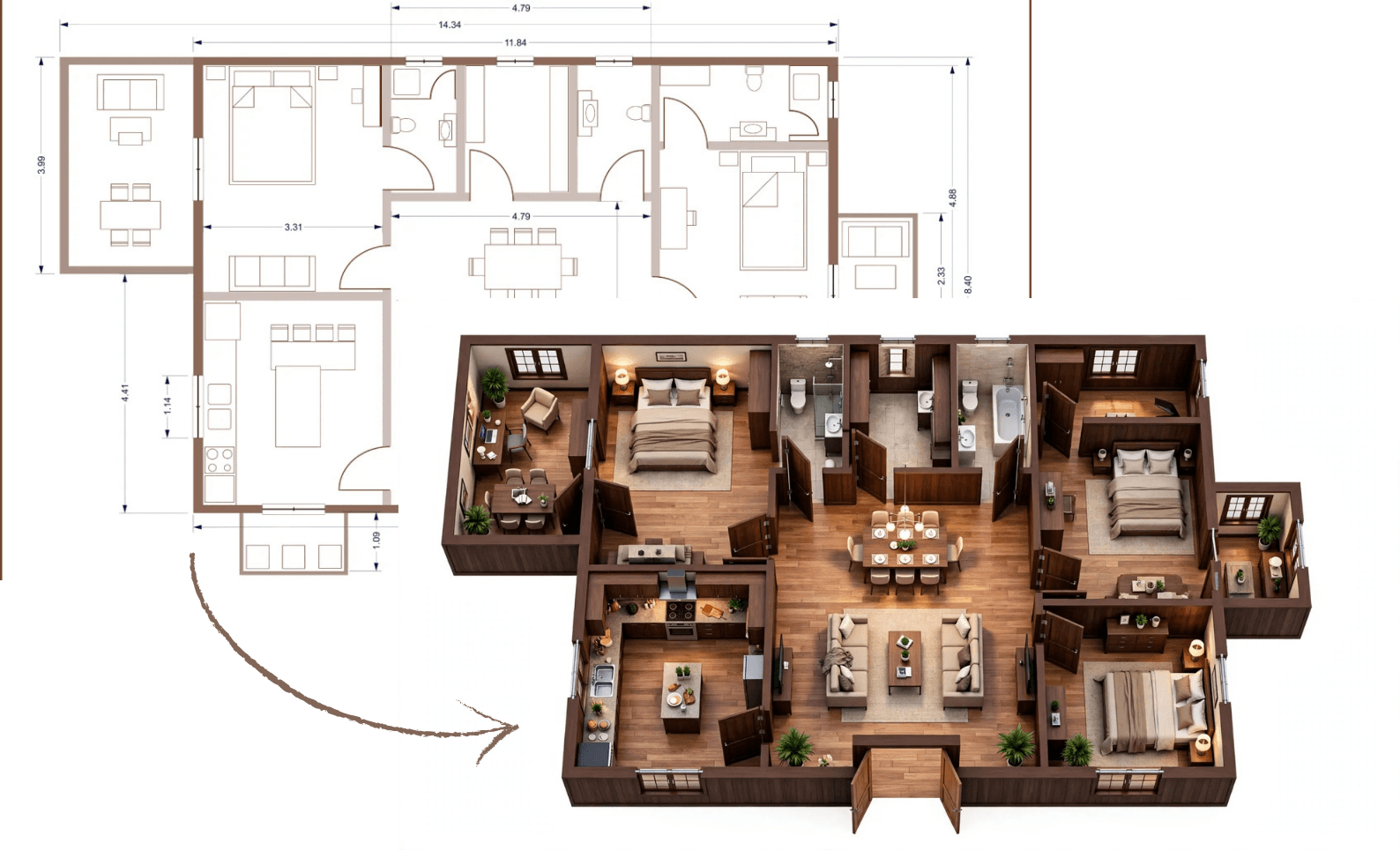 A 2D retail floor plan rendered as a photoreal 3D interior