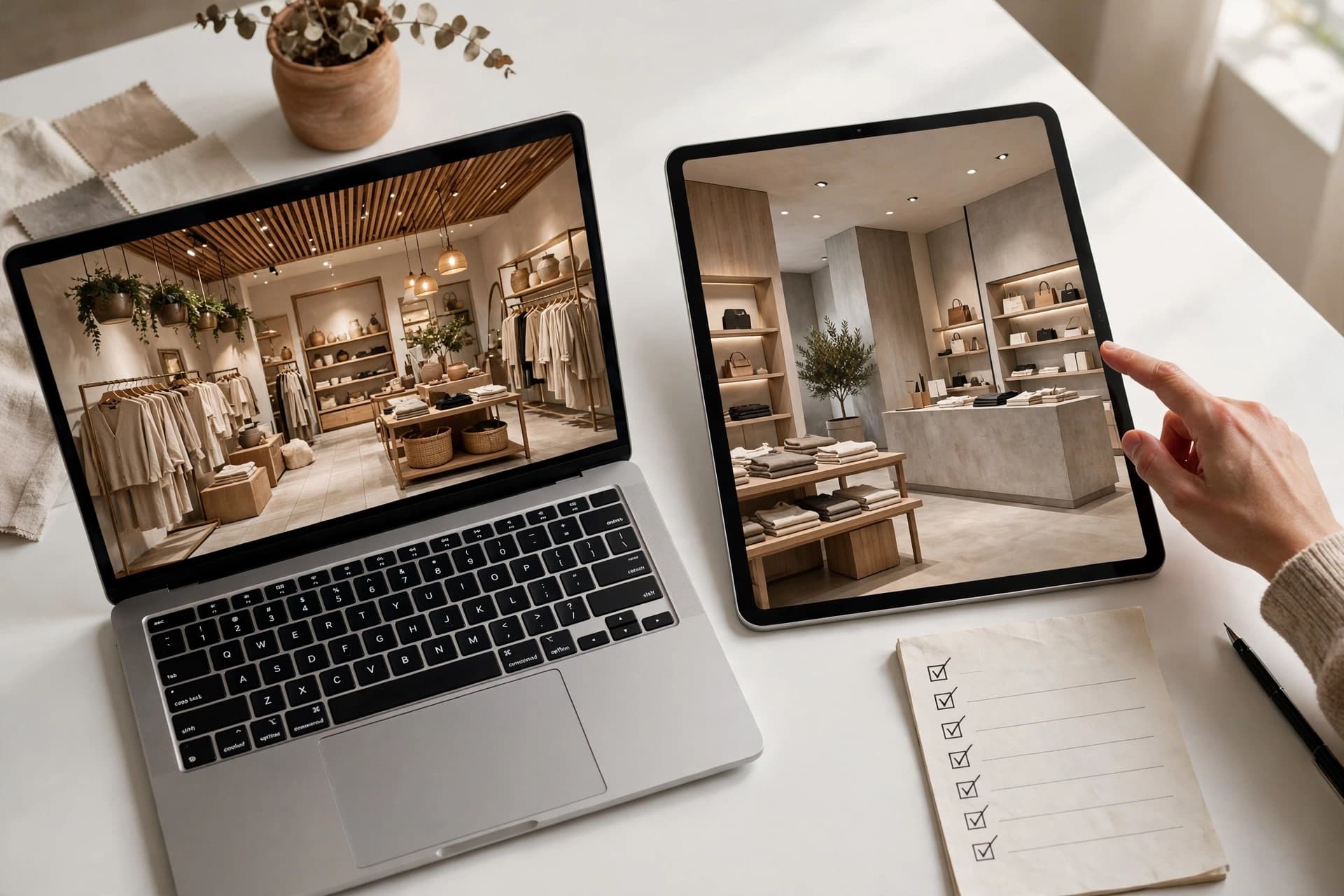 A laptop and a tablet showing two AI store renders side by side, next to a ticked checklist